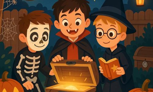 Trois garçons d'environ 10 ans se tiennent dans une cour décorée pour Halloween. Max, aux cheveux bruns en bataille, est déguisé en vampire. Lucas, un blond aux lunettes rondes, est habillé en sorcier avec un livre de sorts. Tom, aux cheveux châtains et aux taches de rousseur, est en squelette avec un maquillage effrayant. La cour est ornée de citrouilles, de toiles d'araignées et de lanternes. Un vieux coffre en bois, partiellement caché, laisse entrevoir un médaillon argenté. Les garçons, excités, s'apprêtent à ouvrir le coffre mystérieux, anticipant une aventure magique.