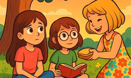 Trois personnages sont présents : Emma, une fille de 12 ans aux longs cheveux bruns et yeux pétillants, assise sur l'herbe en t-shirt rose et jean bleu, avec une expression pensive ; Clara, également âgée de 12 ans, aux cheveux courts et blonds, souriante en robe à fleurs, tenant un sandwich ; et Léa, avec des cheveux châtains et lunettes rondes, en t-shirt vert et short, assise à côté d'Emma avec un livre sur les genoux. Elles se trouvent sous un grand chêne, dans une herbe verte parsemée de fleurs, tandis qu'un coucher de soleil orangé et rose se dessine au loin. Les amies partagent un pique-nique, évoquant des souvenirs et créant une atmosphère d'amitié, avec des biscuits faits maison sur une nappe colorée.