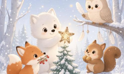 Un petit loup blanc aux yeux brillants pose une étoile de branchages et laine au sommet d’un tout petit sapin; à gauche, un renard roux joyeux tient des baies rouges, à droite un écureuil brun malicieux serre des noisettes dorées, et derrière, un vieux hibou beige offre quelques plumes blanches depuis une branche basse; la clairière enneigée, les arbres argentés, les flocons et la lune créent une atmosphère de Noël intime éclairée par la chaude lueur de l’étoile.