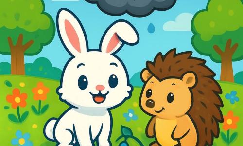 Un petit lapin nommé Choupinet, au pelage doux et brillant, se tient au centre de l'image, ses yeux pétillants de curiosité. Il a de longues oreilles et un sourire joyeux. À ses côtés, Léonard, un hérisson aux piquants bruns et dorés, le regarde avec sagesse. En arrière-plan, un jardin enchanté s'étend, rempli de fleurs colorées, d'arbres majestueux et d'un ciel bleu. Choupinet et Léonard forment un cercle avec des fleurs tristes, tandis qu'un nuage gris flotte au-dessus d'eux, prêt à être dissipé par la magie de l'amitié.