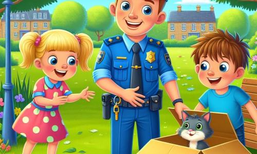 Un policier souriant en uniforme bleu se tient au centre de l'image, tenant un sifflet. À sa droite, Emma, une petite fille de 8 ans avec des cheveux blonds et une robe rose à pois, pointe une boîte en carton avec enthousiasme. À sa gauche, Tom, un garçon de 8 ans aux cheveux bruns, est accroupi et observe la boîte avec surprise. La scène se déroule dans un parc ensoleillé, entouré d'arbres, de fleurs et d'un banc. Le policier, Emma et Tom découvrent le chat gris Minou endormi dans la boîte, dans une ambiance joyeuse et amicale.
