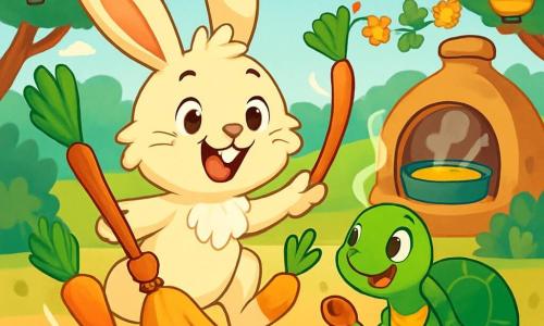 Pompon, un lapin aux grandes oreilles, sourit joyeusement au centre de l'image. Il a un pelage crème et porte des chaussettes moelleuses, tenant une carotte. À sa droite, Capucine, une tortue à la carapace verte, le regarde avec amusement, tenant une petite cuillère en bois. En arrière-plan, une clairière ensoleillée est ornée de lanternes et de guirlandes de fleurs, avec un four en terre dégageant une vapeur délicieuse. Pompon fait danser un balai magique, tandis que des carottes sautent autour, créant une ambiance festive.