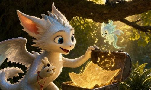 Lumo, petite créature mi-dragon mi-renard aux fines écailles nacrées, petites ailes plumées, oreilles pointues et queue souple, yeux grands et curieux, tient une boîte en métal cabossée d’où jaillit une carte lumineuse; à sa patte un sifflet en os et une ficelle rouge vibrante; un geai bleu vif, perché sur une branche du grand chêne, l’observe en inclinant la tête; un esprit d’écho translucide bleu pâle et jaune flotte au-dessus de la carte en émettant des notes lumineuses; la scène se situe dans une clairière mouillée après la pluie, mousse verte, fougères et rocher scintillant, rayons de soleil perçant entre les feuilles — ambiance douce, mystérieuse et joyeuse.