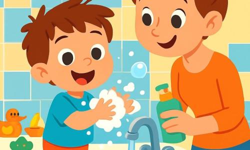 Léo, un petit garçon de 4 ans aux cheveux bruns en bataille et aux yeux malicieux, se tient sur un marchepied devant un lavabo. Il sourit joyeusement, les mains pleines de mousse blanche, tandis que sa maman, une femme souriante d'environ 30 ans aux cheveux châtains en chignon, l'observe avec fierté en tenant une bouteille de savon. Dans une salle de bain lumineuse et colorée, décorée de carrelages bleus et jaunes, Léo frotte ses mains avec enthousiasme, chantant une chanson sur les microbes, entouré de bulles de savon.