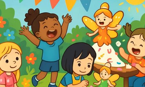Quatre enfants préparent une fête pour les fées dans un jardin enchanté. Lily, 5 ans, admire les fleurs assise sur l'herbe, Mia chante joyeusement les bras levés, Zoé décore un gâteau en forme de fée, et Chloé glisse sur le gâteau en riant. Le jardin est rempli de fleurs multicolores et de guirlandes de papier, créant une ambiance joyeuse et magique.