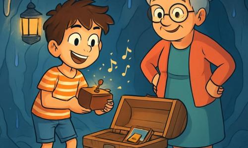 Un garçon de 12 ans, Éli, aux cheveux châtains en bataille et aux yeux curieux, se tient devant un coffre en bois ancien, excité. Il porte un t-shirt rayé, un short et des baskets usées, tenant une boîte musicale en bois. À ses côtés, Madame Azeline, une femme âgée d'environ 70 ans, aux cheveux gris et lunettes rondes, l'observe avec bienveillance. Ils se trouvent dans une grotte mystérieuse aux murs de pierre bleutée, éclairée par une lampe qui révèle des stalactites scintillantes. Éli s'apprête à ouvrir le coffre rempli de carnets et de trésors, tandis que des échos de mélodies flottent dans l'air, promettant des aventures.