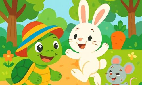 Une tortue joyeuse avec un grand chapeau coloré avance lentement sur un chemin de terre, accompagnée d'un lapin aux grandes oreilles qui saute avec enthousiasme. Plus loin, une souris mignonne, vêtue d'une jupe à pois rouges, court en riant. La scène se déroule dans une forêt ensoleillée, remplie d'arbres aux feuilles vertes et de fleurs colorées. Une grande carotte orange brille au fond, attirant l'attention des animaux. La tortue participe à une course amusante, avançant avec détermination, tandis que ses amis l'encouragent.