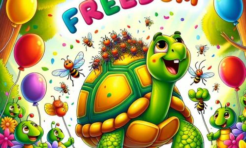 Une tortue joyeuse, avec une coquille verte et jaune, se tient au centre de l'image, souriante et énergique, brandissant une pancarte avec "Liberté" écrit en lettres colorées. À sa droite, un groupe de fourmis dansent, exprimant leur joie d'avoir retrouvé leur reine. En arrière-plan, une forêt verdoyante avec des arbres aux feuilles éclatantes et des fleurs colorées, baignée par la lumière du soleil, crée une ambiance festive. La tortue et les fourmis célèbrent ensemble après avoir sauvé la reine, entourées de ballons et de guirlandes, dans une scène pleine de vie et de bonheur.