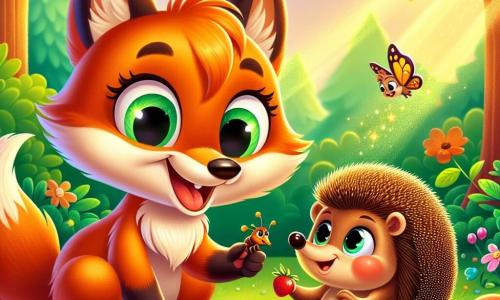 Un jeune renard roux nommé Roxy est assis sur l'herbe, souriant et tenant un insecte dans ses pattes. À côté de lui, un hérisson nommé Hugo regarde une baie qu'il tient, affichant une expression d'excitation. La scène se déroule dans une forêt enchantée, où le soleil filtre à travers les feuilles, créant des ombres sur le sol. Des fleurs colorées et des baies brillantes ajoutent de la magie à l'environnement. Roxy et Hugo partagent leurs déjeuners, illustrant ainsi l'amitié.