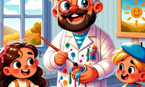 Un homme joyeux, Monsieur Hugo, porte une blouse blanche éclaboussée de couleurs et un béret rouge. Avec un grand sourire et des yeux pétillants, il montre aux enfants comment mélanger les peintures. Trois enfants sont présents : une fille de 6 ans avec des cheveux bouclés et une robe jaune, un garçon de 5 ans avec une casquette bleue, et une fille de 7 ans aux cheveux longs, tous absorbés par l'art. L'atelier est lumineux, avec des tableaux colorés aux murs et des pots de peinture sur les tables. La scène montre Monsieur Hugo expliquant aux enfants comment créer des œuvres d'art, remplis de joie et de créativité.