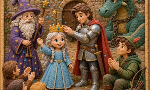La princesse Luna joyeuse, cheveux argentés en tresses, reçoit une petite couronne dorée tandis que le chevalier Arthur en armure et cape rouge sourit et Merlin, en robe violette, fait jaillir des étincelles, l’archer Robin applaudit assis, un dragon calme est en arrière‑plan ; la cour du château en bas‑relief, guirlandes et drapeaux, lumière dorée, confettis en pâte à modeler, palette saturée, formes simples et textures palpables évoquent une fête chaleureuse.