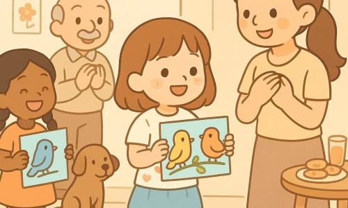 Une fillette de 8 ans au visage rond et taches de rousseur, cheveux châtains coupés au carré, souriante, tient une carte colorée avec des oiseaux ; elle porte un tee-shirt blanc à cœurs multicolores, une jupe bleu ciel et des chaussettes rayées, un pied sur la marche d’un petit tapis ; sa mère d’environ 32 ans, cheveux bruns attachés en queue-de-cheval, la serre contre son cœur à côté d’elle ; Lila, une autre fille de 8 ans aux cheveux noirs en tresses, rit en tendant un dessin d’oiseau, placée légèrement derrière et à gauche ; un voisin d’environ 60 ans en costume simple applaudit avec son chien assis près de lui ; le hall d’immeuble est chaleureux, murs crème, guirlandes de papier, table avec gâteaux et jus, dessins au mur, éclairage doux et doré de fin d’après-midi ; la scène montre une fête improvisée, enfants et voisins échangeant dessins et cartes dans une ambiance conviviale et tendre.