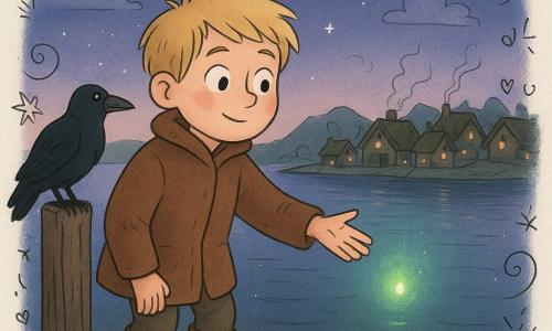Einar, jeune homme aux cheveux blonds et aux joues rougies par le froid, se tient au bord d'un quai en bois humide, vêtu d'un manteau de laine brune et de bottes boueuses; il tend la main vers une petite lumière verte flottant au ras de l'eau tandis qu'un corbeau noir perché sur un poteau l'observe, et au loin un village viking aux toits de tourbe fume, le fjord miroir reflète des teintes vertes et argentées et le ciel crépusculaire bleu‑violet est parsemé d'étoiles.