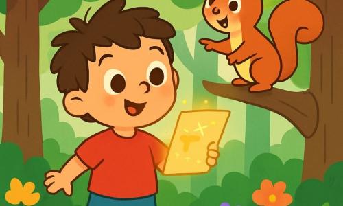Léo, un petit garçon de 2 ans aux cheveux bruns en désordre et aux yeux curieux, se tient dans une forêt enchantée. Vêtu d'un t-shirt rouge et d'un short bleu, il exprime joie et excitation en regardant une carte magique. À ses côtés, Mimi, un écureuil roux d'un an, grimpe sur une branche et pointe une direction pour aider Léo. La forêt est luxuriante avec de grands arbres et des fleurs colorées. Ensemble, ils se préparent à explorer et à trouver un grand arbre mystérieux, Léo suivant la carte tandis que Mimi l'encourage.