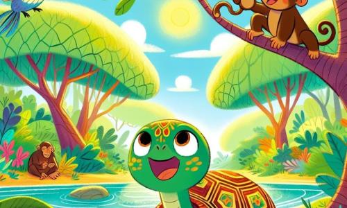 Au centre de l'image, Tika, la tortue femelle à la carapace verte ornée de motifs dorés, affiche une expression de curiosité en admirant le ciel bleu. À ses côtés, Kofi, le singe espiègle au pelage brun clair, est accroché à une branche, riant et faisant des grimaces. Nia, l'oiseau chanteur coloré avec des plumes rouges, jaunes et bleues, chante sur une branche. En arrière-plan, la scène se déroule dans une clairière ensoleillée entourée d'arbres majestueux et d'une rivière scintillante. Tika et ses amis dansent et chantent ensemble, célébrant leur nouvelle amitié dans la joie de la nature.