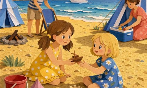 Emma, 10 ans, souriante et bienveillante, cheveux bruns en couettes, robe d’été jaune à pois blancs, tend un petit jouet en bois à Sophie, 10 ans, émue et timide, cheveux blonds courts, robe bleue à fleurs, assise sur le sable en souriant ; le père (~35 ans) en t-shirt rayé et short beige installe une chaise pliante derrière elles, la mère (~33 ans) en robe corail prépare une glacière près d’une tente rayée à droite ; plage de sable doré avec châteaux de sable colorés, seau rouge et pelle verte au premier plan, vagues bleues et bateau à l’horizon, tente de camping rayée et petit feu de camp éteint en arrière-plan gauche, lumière chaude de fin d’après-midi, ombres longues, palette pastel avec contrastes nets et textures de papier collé, scène centrée sur l’échange du jouet, atmosphère douce et chaleureuse.