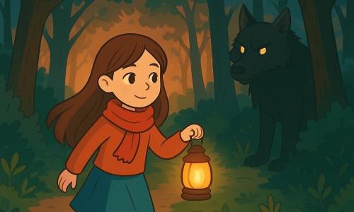 Lina, une fille de 10 ans aux longs cheveux bruns et aux yeux curieux, marche avec détermination sur un sentier forestier. Elle porte une écharpe rouge et tient une petite lampe allumée, exprimant une douce confiance. Le Grand Méchant Loup, créature imposante à la fourrure sombre et aux yeux brillants, se tient à l'orée des arbres, l'observant d'un regard intrigué. La forêt dense est baignée de lumière crépusculaire, avec des arbres aux troncs épais et des branches entrelacées formant un plafond naturel. Lina avance courageusement, éclairée par sa lampe, tandis que le loup reste à distance, partiellement caché par les ombres des arbres.