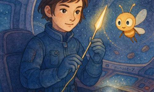 Mina, capitaine au visage déterminé et doux, yeux noisette, cheveux courts châtains un peu décoiffés, porte une combinaison spatiale bleu nuit réparée et pocheuse d'outils ; elle tient entre ses mains gantées l'Aiguille d'Astre, une grande aiguille lumineuse, tandis qu'elle recoud une couture du ciel avec un fil-lumière doré formant des points réguliers ; à côté, Lorn, petit gardien de lumière flottant en luciole géométrique aux yeux brillants, apparaît dans le reflet du hublot avec une expression malicieuse, et un atlas vivant en cuir noir constellé de points argentés repose sur la table de pilotage, pages mi-ouvertes émettant une lueur douce ; le cockpit de l'Aurore-7, ouvert sur l'Atelier des Routes, présente panneaux métalliques et écrans courbes aquarellés, arches d'étoiles au hublot, fils lumineux dorés et météorites polies en arrière-plan ; atmosphère mêlant technologie et magie, tons bleu profond, violet et touches d'or, style aquarelle doux aux traits fins et textures lumineuses.