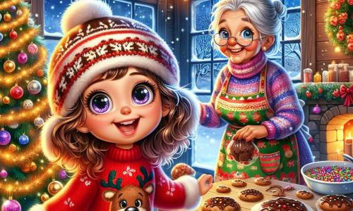 Lila, une petite fille de 5 ans aux grands yeux pétillants et cheveux bouclés, porte un pull rouge avec des rennes et un bonnet en laine. Elle décore un sapin de Noël avec des boules scintillantes et des guirlandes dorées, souriante de joie. À ses côtés, Mademoiselle Sucre, une vieille dame de 70 ans aux cheveux argentés et portant un tablier coloré, prépare des biscuits au chocolat sur une table en bois, entourée de bonbons et de glaçage. Le décor est une maison en bois chaleureuse, avec des murs ornés de guirlandes lumineuses et un sapin illuminé. La neige tombe doucement à l'extérieur, créant une ambiance féerique. La scène montre Lila et Mademoiselle Sucre riant et partageant des biscuits, illustrant la magie de Noël et l'importance de partager la joie.