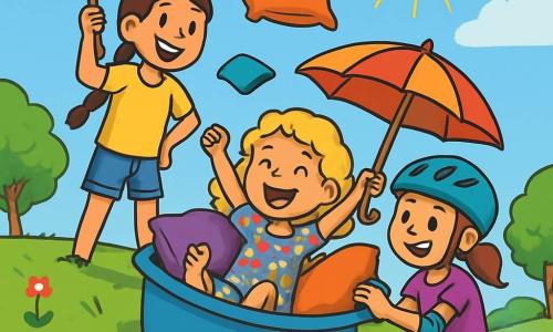 Trois personnages se trouvent dans un parc ensoleillé : Zoé, 10 ans, avec de longs cheveux bruns tressés, un t-shirt jaune et un short en jean, souriante au sommet d'une colline avec un drapeau en papier toilette ; Maïa, 9 ans, cheveux bouclés blonds, assise dans une bassine bleue, les bras levés en signe de victoire ; et Lila, 9 ans, cheveux châtains en queue de cheval, portant un casque et des coudières, accroupie à côté de la bassine avec un parapluie pour protéger ses amies du soleil. Elles rient, prêtes à descendre la pente dans la bassine, tandis qu'un chaton les observe et des coussins volent autour d'elles. En bas, des passants amusés prennent des photos et un labrador joue près d'une balançoire.
