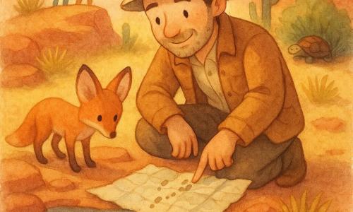 Antoine, explorateur souriant et calme, accroupi près d’une petite mare dans une minuscule oasis de roches rouges, trace des empreintes sur une carte froissée tandis qu’un petit renard du désert l’observe, un couple de voyageurs lui fait signe depuis un coteau lointain et une tortue somnole sous un buisson; cactus, touffes d’herbe jaune et lumière du soleil couchant créent une atmosphère paisible et d’aventure.