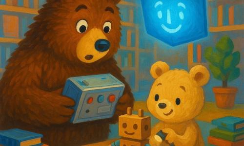 Barnabé, grand ours brun au pelage épais et aux yeux brillants, tient une boîte métallique couverte de cadrans et de boutons rouges et bleus ; à sa droite, un petit ourson beige malicieux assemble un robot en carton avec crayons, ficelle et petite lampe de poche. Un livre bleu ouvert flotte au‑dessus d'une table, émet une douce lueur bleue et affiche un visage souriant fait de lettres. La scène se déroule dans une grande bibliothèque futuriste aux étagères en bois clair, écrans néon doux, tapis moutarde, plantes et piles de livres colorés. Atmosphère chaleureuse et curieuse, lumière et ombres douces, palette vive et tendre, style enfantin avec coups de pinceau visibles, composition au niveau des yeux.