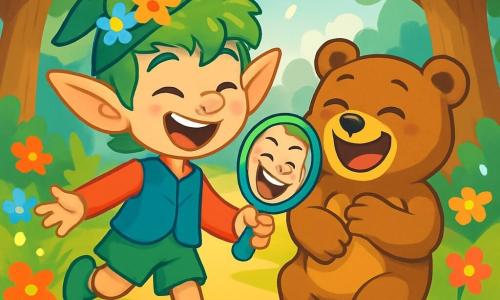 Un elfe farceur nommé Fino, avec de grandes oreilles pointues et des cheveux verts, danse joyeusement sur un chemin ensoleillé. Il porte un chapeau vert orné de fleurs et un gilet en velours bleu. À ses côtés, un ours en peluche vivant, le Gardien du Rire, rit aux éclats. La scène se déroule dans la Vallée des Échos, un lieu magique rempli de fleurs multicolores et de grands arbres. Fino montre un miroir magique au Gardien du Rire, et tous deux éclatent de rire en voyant leurs reflets déformés.