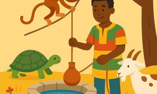 Kofi, un homme d’environ 30 ans à la peau brune et cheveux courts, souriant, porte une tunique colorée et tient une calebasse tombée dans un puits en pierre à eau bleue brillante ; autour de lui une tortue à carapace verte et brune, un singe roux tende une liane depuis une branche, un petit oiseau bleu montre la scène et une chèvre blanche tachetée stabilise la corde ; herbe de savane, quelques fleurs rouges et un grand arbre à droite ; tous coopèrent doucement pour remonter la calebasse, couleurs chaudes et formes simples, composition claire pour les tout-petits.