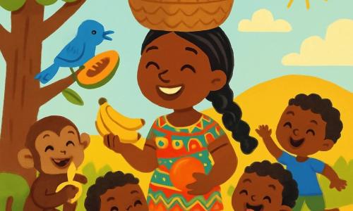 Mama Lila est une femme souriante avec de longs cheveux noirs tressés et une robe colorée ornée de motifs africains. Elle porte un grand panier sur sa tête, rempli de fruits juteux, et rayonne de joie en partageant des bananes et des mangues. Un petit singe espiègle grignote une banane à ses côtés, tandis qu'un oiseau bleu picore une papaye sur une branche. La scène se déroule sous un grand arbre majestueux sur un chemin rouge, dans un paysage ensoleillé parsemé de fleurs colorées. Mama Lila partage ses fruits avec les animaux et les enfants du village qui dansent autour d'elle, créant une atmosphère de bonheur sous le doux soleil.