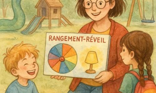 Lina, une jeune femme aux cheveux bruns en bataille et portant des lunettes rondes, sourit pensivement tout en tenant un carnet de croquis ouvert. Sam, un garçon de neuf ans aux cheveux blonds ébouriffés, est assis dans le sable, riant en regardant Lina. Zoé, une fille de huit ans avec des tresses et un sac à dos coloré, se tient debout à côté de Sam, observant attentivement le panneau. Le parc est un espace ouvert avec un toboggan en forme de serpent, des balançoires qui se balancent doucement, et une cabane en bois penchée. La scène principale montre Lina expliquant le fonctionnement du 