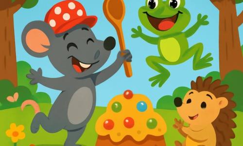 Rémi le rat, un petit rongeur aux grandes oreilles et à la fourrure grise, danse joyeusement avec un sourire. Il tient une cuillère magique et porte une casquette rouge à pois blancs. À ses côtés, Louna la grenouille, avec sa peau verte et ses grands yeux ronds, saute en riant, entourée de fleurs colorées. Hugo le hérisson, avec ses piquants bruns, applaudit en s’amusant, assis sur un tapis de feuilles. La scène se déroule dans une clairière ensoleillée, remplie de fleurs multicolores et d’arbres épais, avec un ciel bleu et des nuages blancs. Au centre, un grand gâteau décoré de bonbons attire l’attention des animaux, qui chantent et dansent autour, créant une atmosphère de joie.