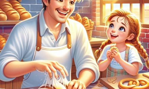 Un homme nommé Pierre, souriant et aux yeux pétillants, pétrit une pâte à pain dans une boulangerie. Il porte un tablier blanc taché de farine. À ses côtés, Léa, une petite fille de 7 ans aux cheveux blonds tressés, tient un morceau de pâte, prête à façonner un croissant. Lucas, un garçon de 6 ans aux cheveux châtains, est concentré sur un bonhomme en pâte. La boulangerie, chaleureuse avec des murs en briques rouges et des étagères de pains et pâtisseries, est illuminée par des rayons de soleil. Pierre, Léa et Lucas partagent un moment de créativité et de bonheur en apprenant à faire du pain.