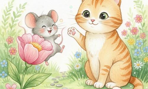 Une petite souris grise au pelage duveteux, yeux noirs brillants, rit timidement et se cache à moitié derrière une grande fleur rose ; un grand chat rayé orange et crème, aux yeux verts doux, assis près de la fleur, patte levée en salut, la regarde avec bienveillance. Dans un jardin luxuriant parsemé de pâquerettes et de fleurs colorées, sur un petit chemin de pierres rondes, ils se regardent avec complicité au matin, lumière douce et reflets givrés.