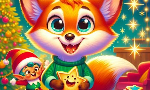 Petit Renard, un renard au pelage orange vif et aux grands yeux malicieux, est assis sur une table en bois, souriant joyeusement avec un biscuit en forme d'étoile dans ses pattes. À ses côtés, le Lutin Farceur, avec son bonnet rouge et ses cheveux bouclés, fait des grimaces tout en sautant sur la table, entouré d'étoiles dorées scintillantes. La scène se déroule dans une cuisine chaleureuse, décorée de guirlandes colorées et d'un sapin de Noël illuminé, avec des biscuits brillants sur la table. Petit Renard et le Lutin Farceur partagent un moment joyeux en riant et en cherchant des biscuits cachés dans une ambiance festive et magique.