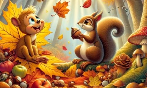 Félix, une feuille d'érable jaune doré, flotte dans les airs avec un grand sourire, émerveillé par l'automne. À ses côtés, Ernest, un écureuil aux yeux pétillants, est perché sur une branche avec une noisette, prêt à partager sa joie. En dessous, un tapis de feuilles colorées recouvre le sol de la forêt enchantée, où des champignons multicolores émergent. La scène dépeint la fête de l'automne, avec des animaux rassemblés autour d'une grande table de fruits, dans une ambiance festive et chaleureuse, illuminée par le soleil.