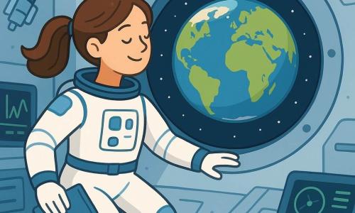 Maëlle, une astronaute, flotte dans une station spatiale, souriante. Ses cheveux bruns sont attachés en queue de cheval, et elle porte une combinaison spatiale blanche avec des détails bleus. Elle tient un carnet de bord avec du velcro. À travers le hublot, on voit la Terre, majestueuse et lumineuse, avec des continents et océans visibles. La station est moderne et épurée, avec des panneaux de contrôle lumineux et des équipements scientifiques flottants. Maëlle regarde par le hublot, captivée par la vue de la Terre, tandis que des écrans affichent des données en arrière-plan.