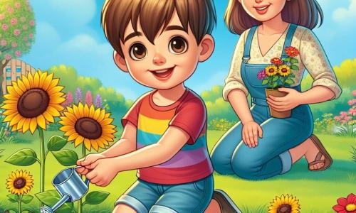 Léo, un garçon de 10 ans aux cheveux châtains et aux yeux curieux, est agenouillé dans son jardin ensoleillé, souriant, les mains dans la terre. Il porte un t-shirt coloré et un short, arrosant de jeunes pousses de tournesols. Sa mère, une femme d'une trentaine d'années aux longs cheveux bruns, l'encourage avec fierté, tenant une petite pelle. Le jardin est vibrant, rempli de fleurs colorées, de verdure et d'un ciel bleu. Des papillons volent autour des fleurs, et un arbre en fleurs ajoute une touche printanière. Léo, émerveillé par la nature, prend soin de son jardin tandis que sa mère partage ce moment précieux avec lui.