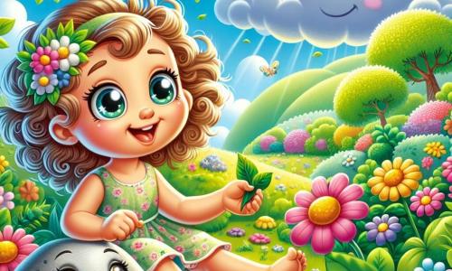 Lila, une petite fille de 2 ans aux grands yeux brillants et aux cheveux bouclés dorés, sourit émerveillée assise sur l'herbe verte. Elle porte une robe légère à fleurs et ses joues sont rosées de joie. À côté d'elle, un caillou gris et lisse roule doucement. Un nuage blanc danse dans le ciel bleu clair, tandis qu'une fleur aux pétales roses et jaunes s'ouvre pour saluer Lila. Le jardin est rempli de fleurs éclatantes et d'arbres majestueux, créant un cadre enchanteur où Lila touche une feuille verte, écoutant les doux murmures de la nature.