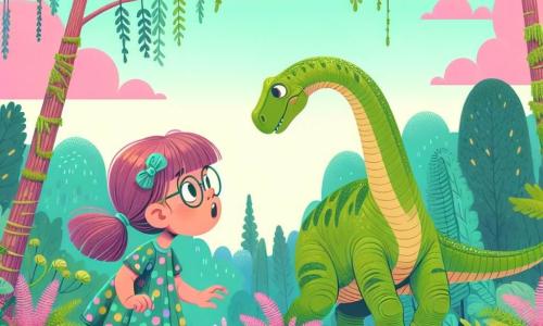 Une petite fille de 8 ans, Mila, avec de longs cheveux bruns et des lunettes rondes, regarde autour d'elle avec émerveillement. Elle porte une robe à pois colorés et des baskets jaunes, se tenant sur un sol recouvert de fougères vertes. À côté d'elle, un Brachiosaure se penche pour brouter des feuilles d'un arbre géant, ses écailles vertes scintillant sous un ciel rose pastel. En arrière-plan, une forêt dense de fougères et d'arbres préhistoriques s'étend, tandis que des nuages aux teintes douces flottent. Mila, fascinée, tend la main vers le dinosaure, prête à l'approcher avec excitation et curiosité.
