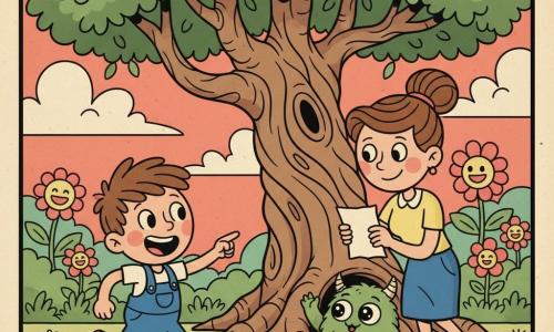 Garçon de 4 ans aux cheveux bruns en bataille en salopette bleue, sourire aux lèvres, court vers un grand arbre au tronc torsadé pendant que sa maman la trentaine, chignon, lui montre une petite carte au trésor jaunie; un petit monstre vert et doux dort à moitié sous les racines en levant une patte pour saluer; décor de parc fantastique avec herbe pastel ondulée, fleurs géantes souriantes et ciel saumon à nuages marshmallow, ambiance joyeuse et tendre, couleurs saturées, formes arrondies, contours épais et texture papier ancien.