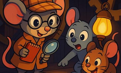 Sacha, la petite souris détective, porte des lunettes rondes et un chapeau à carreaux. Elle est excitée et déterminée, tenant un carnet d’enquête tout en examinant des miettes de fromage. À côté d'elle, Zoé, la souris rapide, avec sa fourrure grise et ses grandes oreilles, montre son enthousiasme en pointant une empreinte de patte. Milo, le roi des blagues, a une fourrure brune et un large sourire, tenant une lampe-tulipe qui éclaire la scène. Leur enquête se déroule dans la grande horloge de l'école, un lieu mystérieux avec des murs en bois sombre et des engrenages brillants. Ils découvrent des miettes de fromage et des empreintes de pattes, cherchant à résoudre le mystère du fromage disparu dans une ambiance d'aventure.