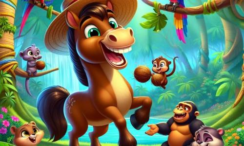 Biscuit, un cheval au pelage brun doré et au chapeau de paille de travers, sourit joyeusement sur une souche d'arbre, entouré de ses amis. Coco, le perroquet multicolore, jongle avec des noix de coco, tandis que Lili, la loutre, rit sur une pierre. Gus, le gorille musclé, se tient à côté de Biscuit, riant fort. La scène se déroule dans une jungle luxuriante, pleine d'arbres, de fleurs colorées et d'une rivière scintillante. Ils sont en pleine chasse au trésor, découvrant des objets amusants et partageant des rires, illustrant l'esprit d'aventure et d'amitié.