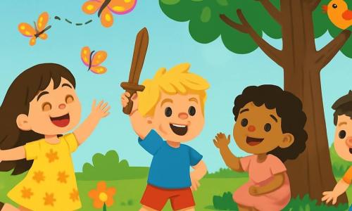 Il y a 4 enfants : Zoé, 6 ans, avec de longs cheveux bruns et une robe jaune à fleurs, court après un papillon coloré. Léo, 5 ans, avec des cheveux blonds en bataille et un t-shirt bleu, brandit un bâton comme une épée. Mia, 6 ans, avec des cheveux bouclés et une robe rose, est accroupie près d'un arbre, souriant. Tom, 5 ans, avec des cheveux châtains et un short vert, est prêt à sauter dans une flaque d'eau. Le jardin est magique, rempli de fleurs éclatantes, de grands arbres et d'une flaque scintillante. Les enfants rient et jouent ensemble, Zoé poursuit un papillon, Léo fait semblant d'être un chevalier, Mia salue l'arbre, et Tom s'apprête à sauter dans la flaque.