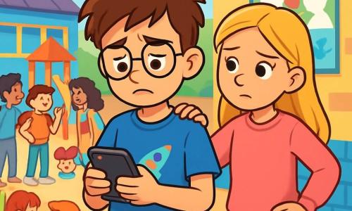 Lucas, un garçon de 12 ans avec des cheveux bruns en bataille et des lunettes rondes, se tient au centre de l'image, affichant une expression de tristesse et de détermination. Il porte un t-shirt bleu avec un motif de vaisseau spatial et un jean déchiré. À sa droite, sa meilleure amie Clara, également âgée de 12 ans, aux cheveux longs et blonds, le regarde avec compassion, les mains sur les hanches, vêtue d'un sweat rose et d'un pantalon noir. La scène se déroule dans une cour d'école animée, entourée de murs colorés et de jeux pour enfants, où des élèves discutent et rient. Au fond, une grande affiche sur le respect et l'empathie est accrochée à un mur. Lucas, tenant un téléphone, regarde l'écran avec vulnérabilité, tandis que Clara lui tend une main réconfortante, prête à l'écouter. L'atmosphère est chaleureuse et chargée d'émotion, illustrant le soutien et l'amitié dans un moment difficile.