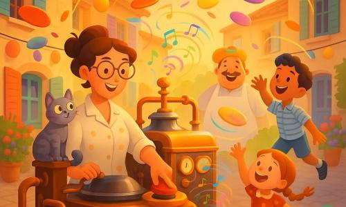 Mathilde, inventrice souriante aux cheveux châtains en chignon décoiffé et lunettes rondes, blouse tachée, appuie sur le bouton de sa Pancake-Machine 5000 ; Grisou, chat gris tigré, perchée sur la machine avec la queue enroulée à un levier ; Timothée, garçon de 9 ans aux cheveux courts bouclés et chemise rayée, saute pour attraper un pancake flottant à droite ; Julie, fille de 6 ans aux tresses rousses et robe à pois, rit en tendant les bras vers un pancake multicolore à gauche ; M. Dupont, boulanger d'une cinquantaine d'années, rondouillard, porte un pancake coloré sur la tête et rit derrière la foule. Le décor est une place de village pavée au soleil, lampions et guirlandes, maisons en pierre et fleurs en pots ; la machine est un grand engin rétro-futuriste en métal et bois avec tuyaux cuivrés, cadrans dorés et une boîte à musique visible ; la scène montre une pluie de pancakes multicolores qui flottent en spirales musicales tandis que enfants dansent et adultes sourient, avec une lumière chaude de fin d'après-midi.
