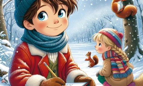Un garçon de 11 ans, Antoine, avec des cheveux châtains ébouriffés et des yeux curieux, est assis dans la neige, souriant. Il porte un manteau rouge, un bonnet bleu et des gants assortis, tenant un carnet de croquis et un crayon, prêt à dessiner l'hiver. À ses côtés, Clara, une fille de 10 ans aux cheveux blonds tressés, observe un écureuil grimpant sur un arbre. Elle est vêtue d'une écharpe colorée et de bottes en caoutchouc. Le décor est une forêt enchantée, recouverte de neige scintillante, avec des arbres chargés de flocons et un ciel gris doux. Antoine et Clara explorent la nature, captivés par sa beauté et prêts à capturer leurs découvertes.