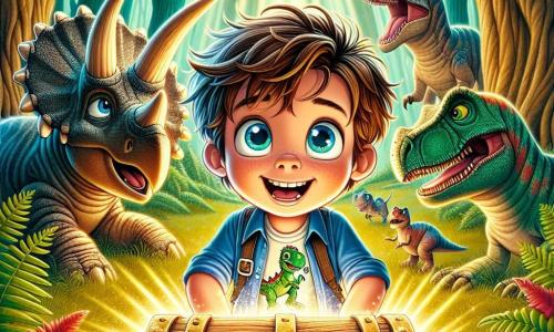 Au centre de l'image, un garçon de 7 ans nommé Lucas, aux cheveux bruns en bataille et aux yeux curieux, se tient devant un ancien coffret mystérieux. Il porte un t-shirt bleu avec un dinosaure et un short beige, affichant une excitation mêlée d'inquiétude. À côté de lui, un Tricératops majestueux, avec sa peau verte et ses trois cornes, le regarde avec douceur. En arrière-plan, des arbres géants et des fougères colorées créent une ambiance de forêt préhistorique. Lucas, émerveillé, ouvre le coffret mystérieux, entouré d'une lumière éclatante, symbolisant un voyage dans le temps. Des dinosaures colorés se déplacent autour d'eux, ajoutant de la magie à cette aventure.