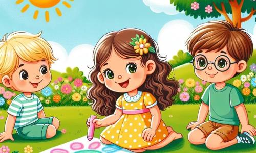 Trois personnages principaux : Léo, une petite fille de 7 ans avec des cheveux bouclés et bruns, portant une robe jaune à pois, assise sur l'herbe en train de dessiner un soleil coloré. Max, un garçon de 8 ans avec des cheveux blonds, un t-shirt bleu et un short, allongé sur une couverture, regarde ses amis avec enthousiasme. Anna, un garçon de 7 ans avec des lunettes rondes et des cheveux châtains, vêtu d'un t-shirt vert, debout à côté de Léo, tient une craie et montre un dessin de fleur. Le cadre est un jardin ensoleillé avec des fleurs colorées et des arbres verdoyants, sous un ciel bleu parsemé de nuages blancs. Les amis partagent un moment de joie, dessinant ensemble un grand soleil de l'amitié.