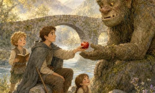 Gaspard, jeune homme au visage franc, cheveux bruns courts, cape grise, assis sur une pierre au bord d’un vieux pont en pierre, tend une pomme rouge brillante vers un troll massif à peau d’écorce tandis qu’il conte une histoire; un garçon coiffé en bataille tient un carnet ouvert derrière lui et une fillette en tresse, assise près des pieds de Gaspard, rit doucement en regardant le troll; le gué, la rivière claire, les rives mousseuses, les montagnes et les arbres baignent dans une lumière dorée matinale et une brume légère; scène calme et chaleureuse d’amitié, couleurs douces aquarelle et textures granuleuses, composition centrée sur l’échange et les touches de lumière sur la pomme et les visages.