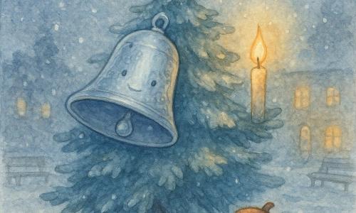 Lila, petite cloche d'argent brillante au sommet d'un grand sapin enneigé sur la place du village, tinte doucement; une bougie mince posée sur une branche projette une flamme dorée autour d'elle, un gland rond au pied du sapin lève les yeux avec espoir, une étoile minuscule couronne l'arbre tandis que des flocons tourbillonnent, ambiance intime et féerique de Noël rendue en aquarelle aux lavis bleutés et touches or-ambre.